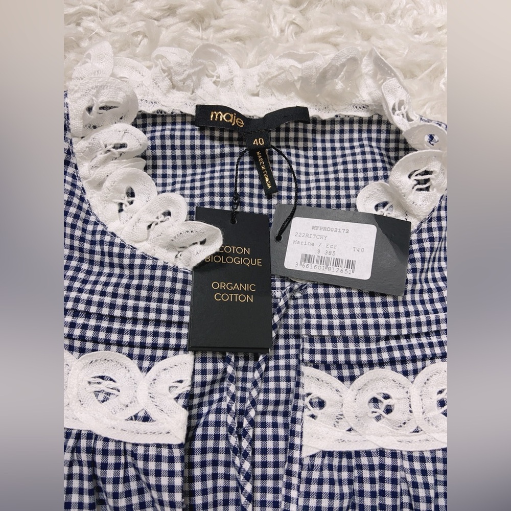 NWT $385 Maje Ritchy Gingham & Lace Dress White Size 40 - Picture 8 of 8